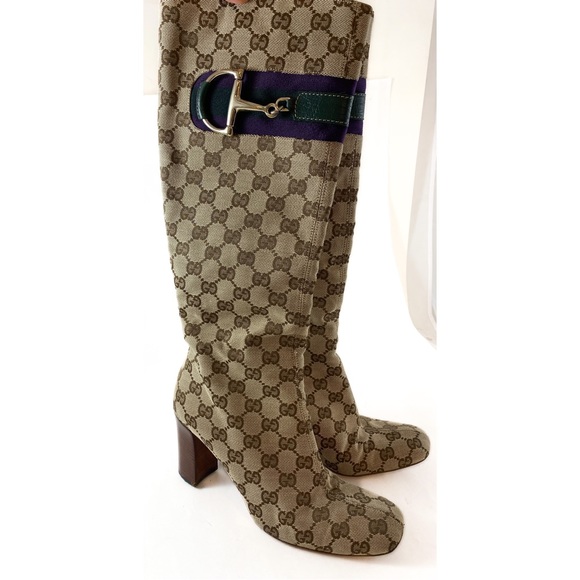 Gucci GG Signature Monogram Horse Bit Canvas Knee-High Heeled Cloth Boots - Picture 2 of 7